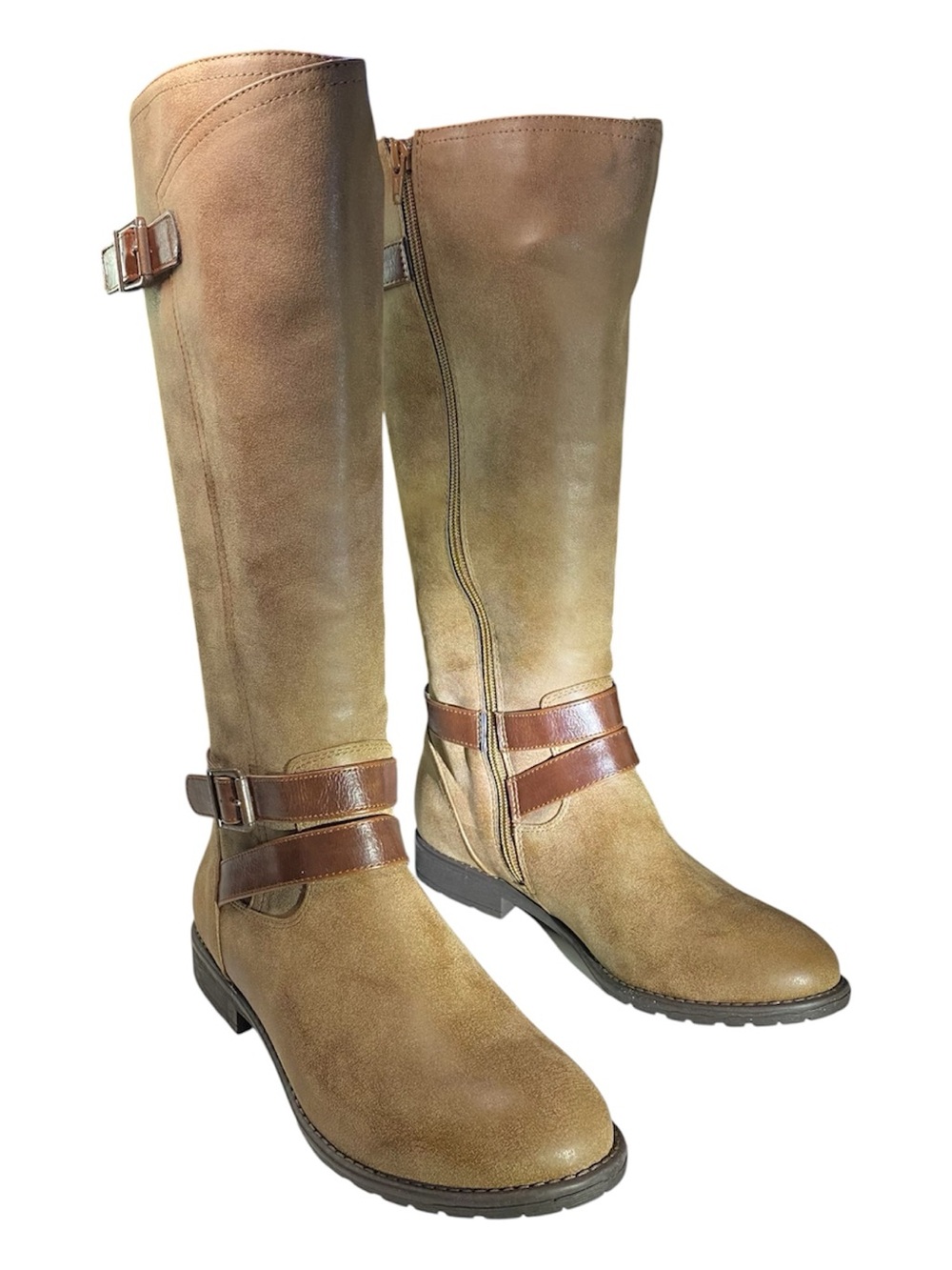 New Eurosoft Tall Boots Size 8 Tan Dark Brown Trim Low Heel Riding Boots